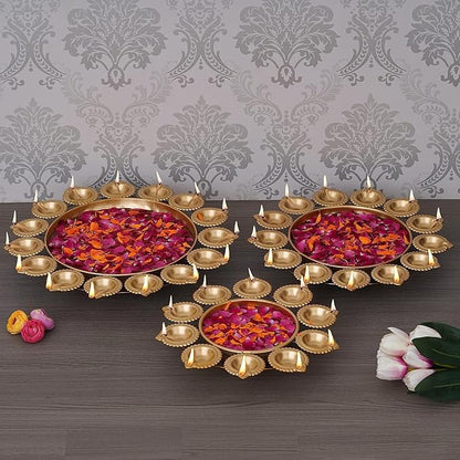 3-Piece Round Shape Metal Diya Urli Pot Set – Traditional Urli Bowls for Floating Flower and Candle Decoration