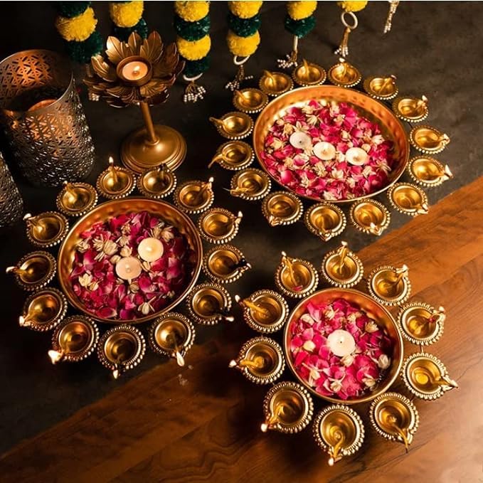 3-Piece Round Shape Metal Diya Urli Pot Set – Traditional Urli Bowls for Floating Flower and Candle Decoration