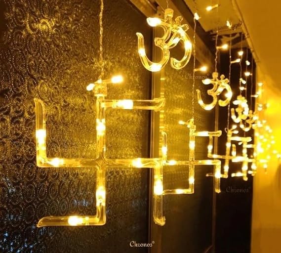 Plastic Warm White Swastik Curtain Lights – LED String Lights with 12 Hanging Swastik and Om Symbols