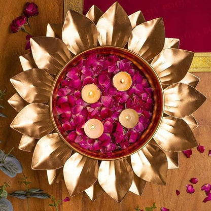 Gold Polish Leaf Design Set of 3 Flower-Shaped Urli Bowls – Decorative Bowls for Floating Flowers, Home & Diwali Décor