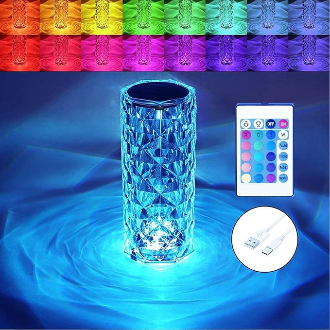 USB Charging Touch Crystal Lamp with Remote – 16 Colors & Dynamic Diamond Rose Effect