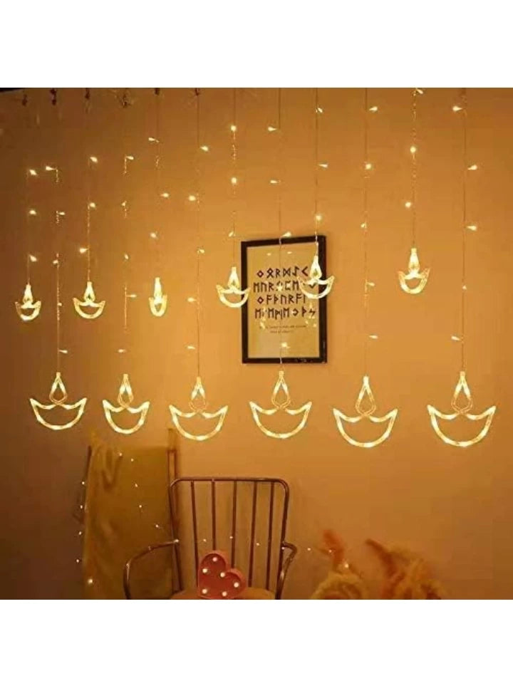 Warm White Diya Light Curtain – 2.5 Meters, 12 Hanging Diyas with 8 Flashing Modes