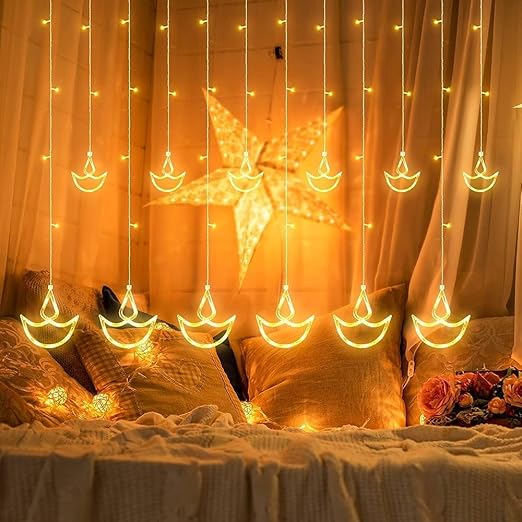 Warm White Diya Light Curtain – 2.5 Meters, 12 Hanging Diyas with 8 Flashing Modes