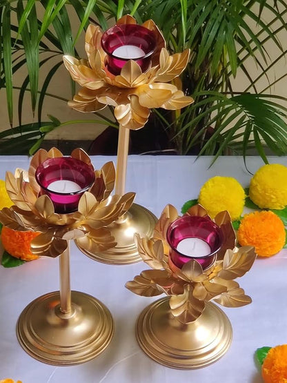 Star Home Decor Lotus Golden Tealight Holder Set (Set of 3) – Stylish Metal Lotus Candle Holders