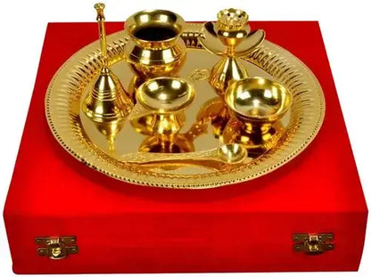 Brass Puja Thali Set – 9-Inch Round Decorative Thali with Diya & Incense Stick Holder