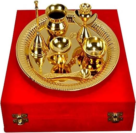 Brass Puja Thali Set – 9-Inch Round Decorative Thali with Diya & Incense Stick Holder