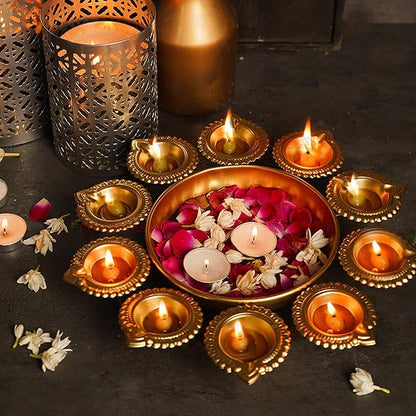 Golden Metal Handcrafted Flower Decorative Urli – 10 Inch Urli Bowl for Floating Flowers | Perfect for Home Décor, Diwali Decorations, and Gifting