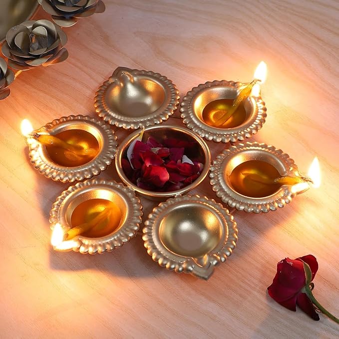 7-Inch Diya Urli Bowl Set, 6 diyas 1 bowl (Set of 7) – Perfect for Pooja & Aarti